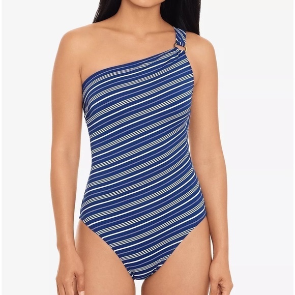 LAUREN Ralph Lauren Striped One-Shoulder Tummy-Control One-Piece Swimsuit - Picture 1 of 10